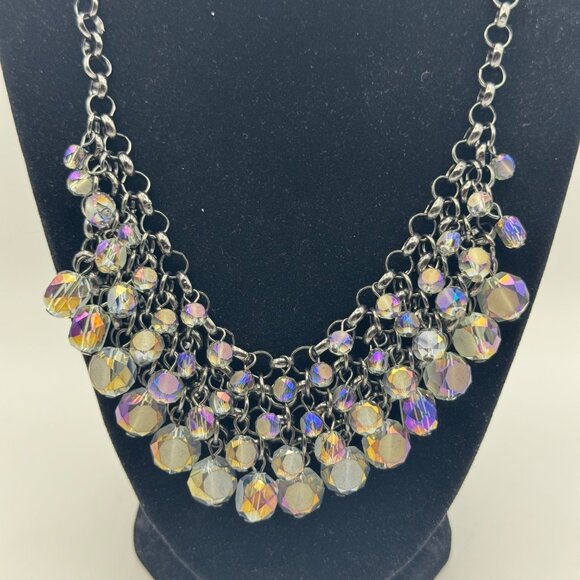 Iridescent Crystal Bead Cluster Necklace On Black Chain With Adjustable Lobster - Picture 2 of 6